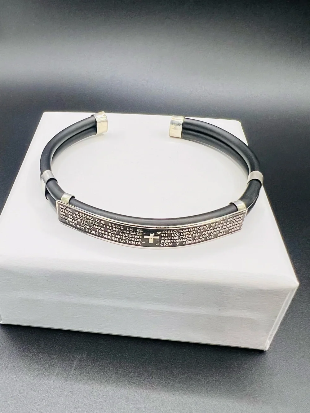 Men's Stealing Silver and rubber Religious Prayer Bracelet - Spanish Lord's Pray